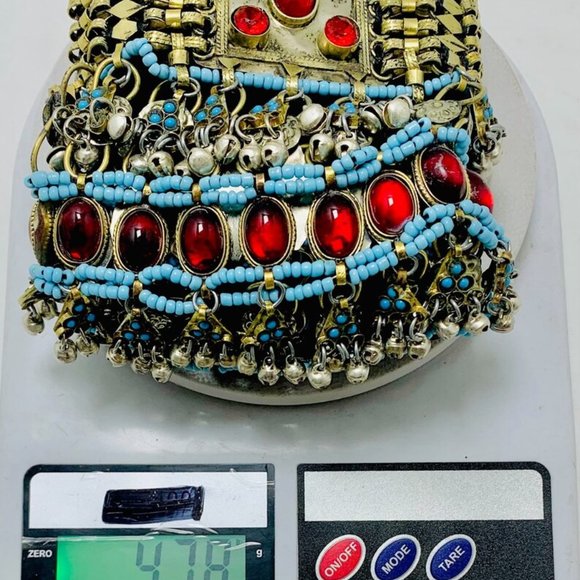 Afghan Choker Necklace, Tribal Kuchi Layered Necklace With Red Glass Stones - Picture 10 of 10